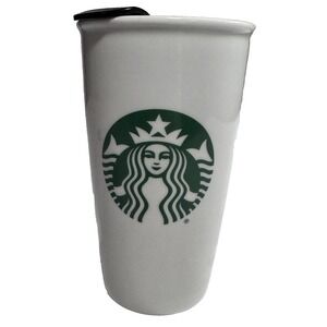 Starbucks Ceramic Travel Mug‎ White with Black Lid Logo Cup 2015 6 in Tall